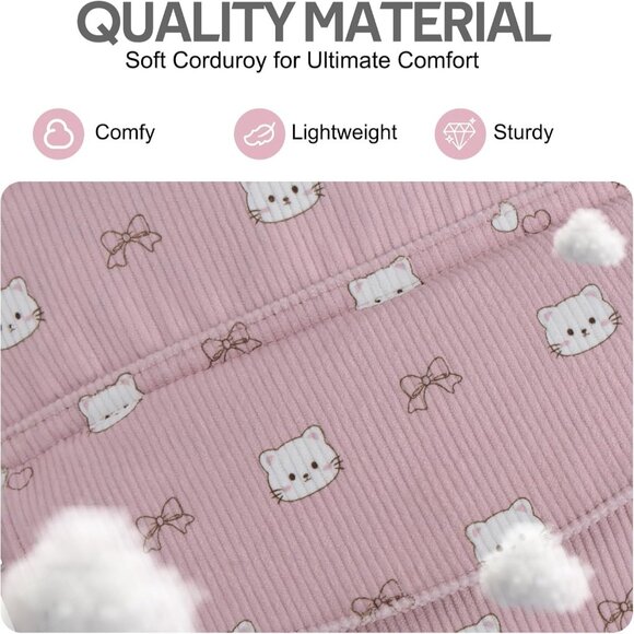 Vintage Aesthetic Corduroy Backpack for Kids: Cute Plush Bookbag in Pink Cat - Picture 5 of 7